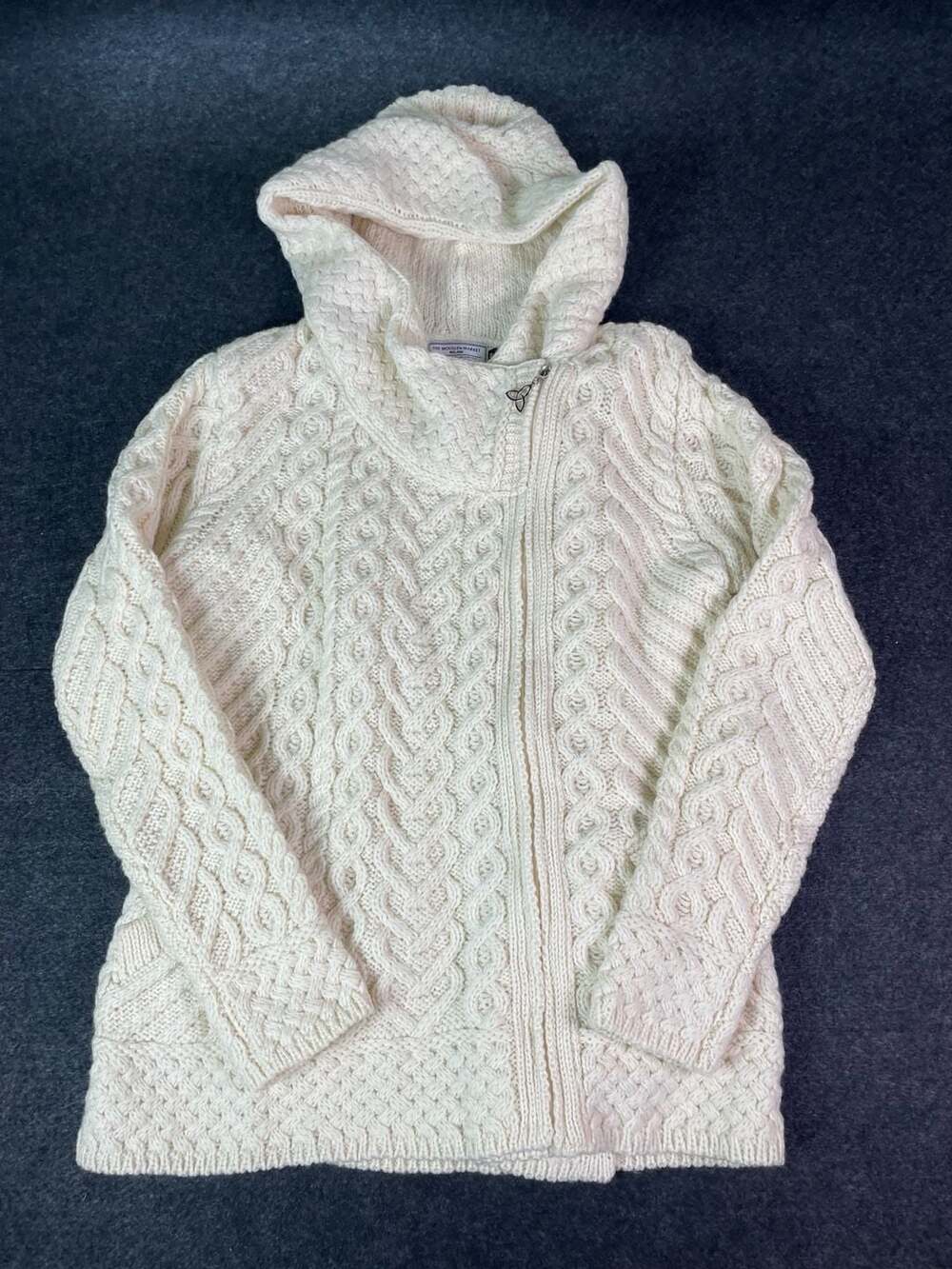 The Woollen Market Aran Cable Knit Hooded Cardigan Size M Ivory